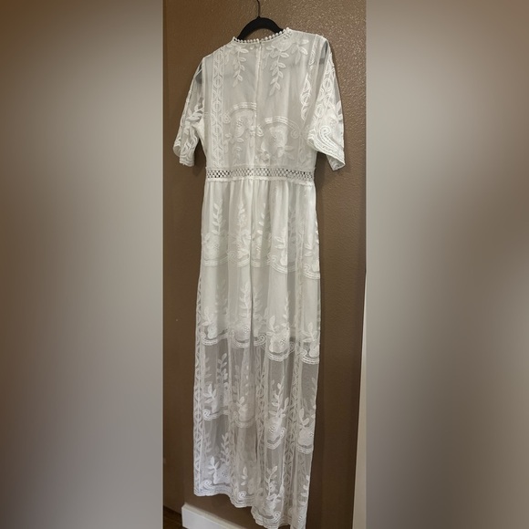 Vintage White Lace V Neck Sheer Maxi Dress with Slip - Picture 11 of 14